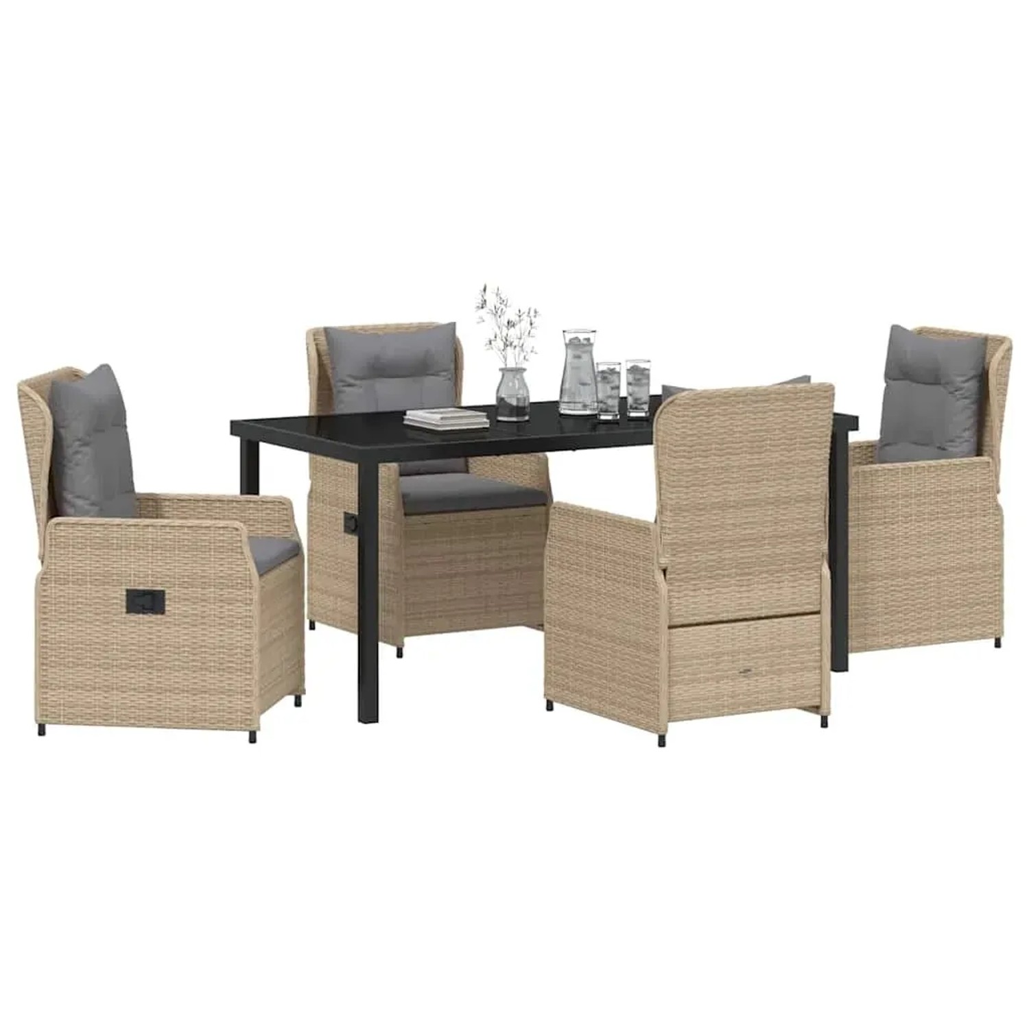 Beige 5-tlg. Garten Essgruppe aus Polyrattan mit Tisch und 4 Stühlen.