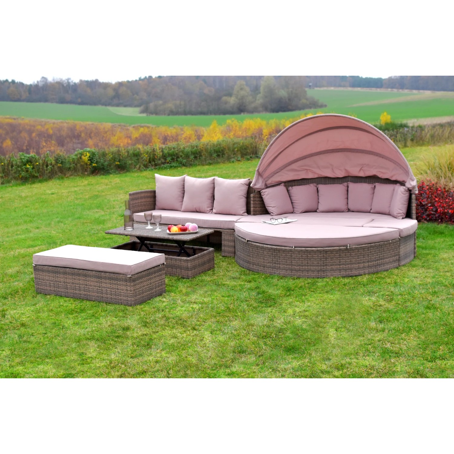 Merxx Riva-Insel mit Erweiterung: Lounge-Gartenmöbel mit Insel, Bank, Tisch und Auflagen.