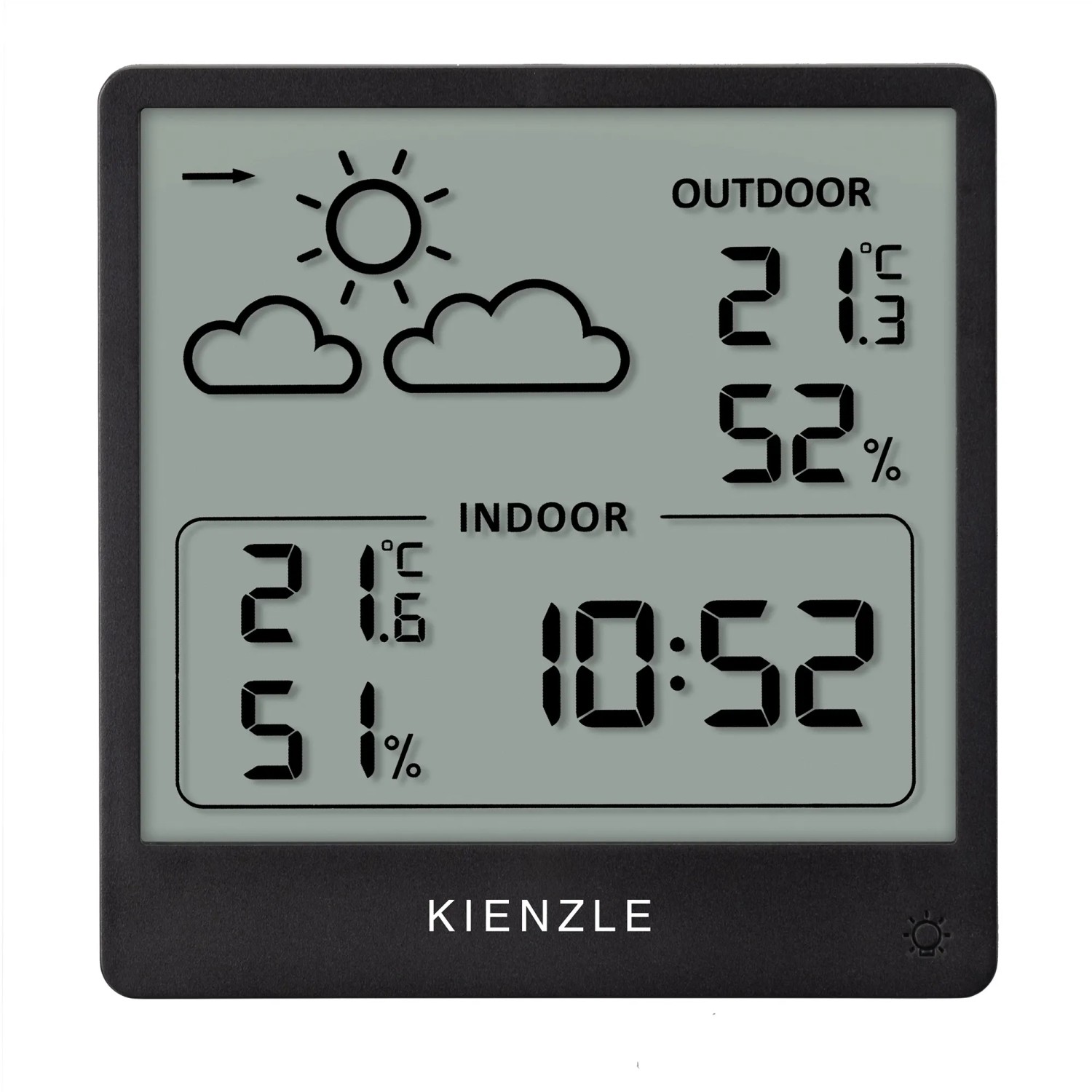 Schwarze Kienzle Funk-Wetterstation Slim mit Anzeige von Innen-/Außentemperatur, Luftfeuchtigkeit und Uhrzeit.