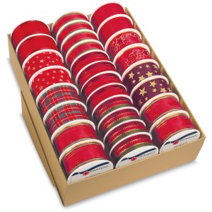 Sortiertes, weihnachtliches Geschenkband in Rot und Grün im Karton.