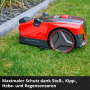 Einhell Freelexo Cam Plus 600 Mähroboter in Rot/Schwarz auf Rasen, Nahaufnahme.