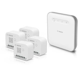 Bosch Smart Home Starter-Set Beschattung: Controller und vier Licht-/Rollladensteuerungen in Weiß.