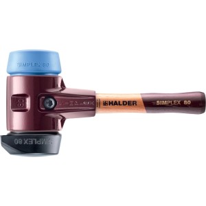 Halder Simplex Schonhammer mit blauem TPE-soft und Gummi-Standfuß, kurzem Holzstiel, Tempergussgehäuse.