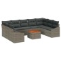 Graues 10-teiliges vidaXL Garten-Sofa-Set aus Poly Rattan mit Kissen und Tisch.