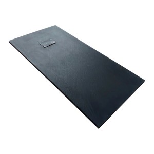 Schwarze rechteckige Duschwanne VIDAR 150x90 aus Verbundwerkstoff mit Steinoptik und integriertem Ablauf.