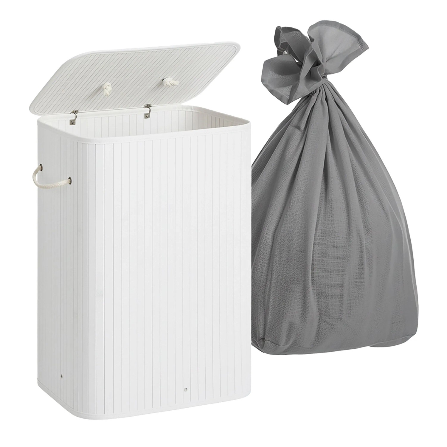 Relaxdays Wäschekorb Bambus Weiß 2 Fächer Faltbar mit Deckel 63 cm x 52 cm x 32 cm 2,1 kg