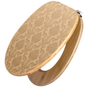 Banjado WC-Sitz aus Bambus mit Tapeten-Motiv in Beige und Universal-Scharnieren.