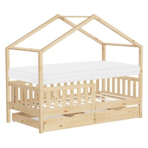 ML-Design Hausbett mit Matratze (80x160) und 2 Schubladen aus Kiefernholz.