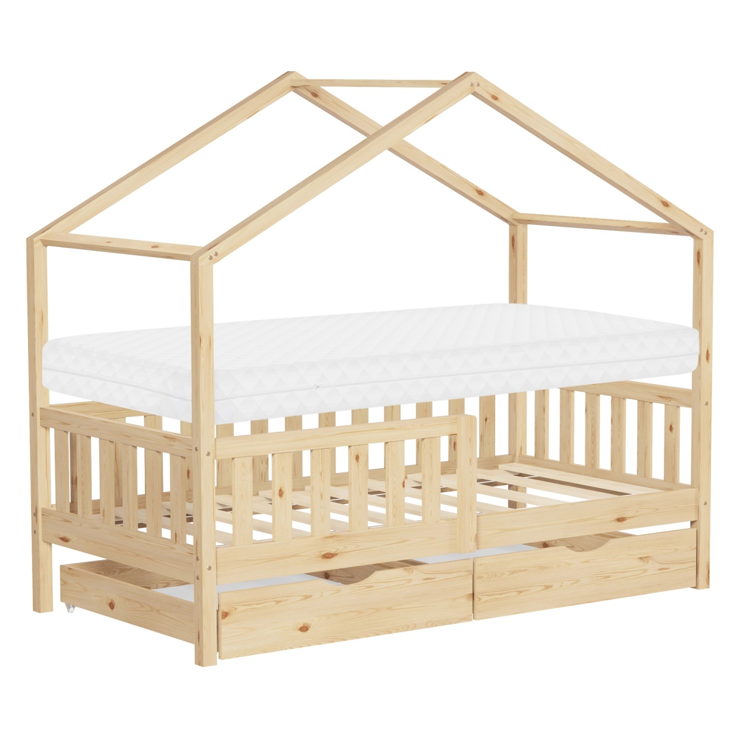 ML-Design Hausbett mit Matratze 80x160 cm & 2 Schubladen Natur Kiefer