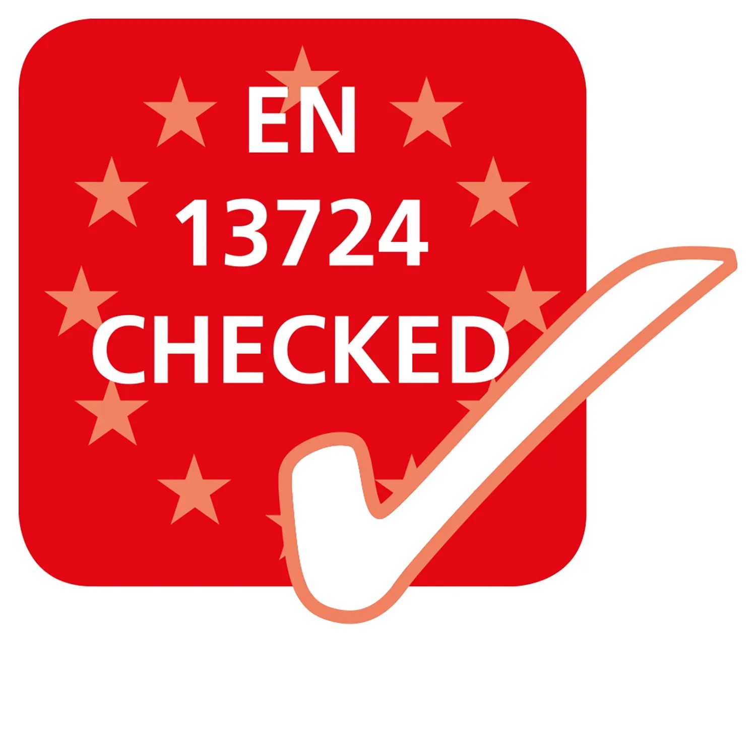 EN 13724 Geprüft Siegel für Briefkästen, rotes Quadrat mit Sternen und Haken.
