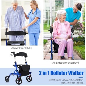 Costway Rollator Faltbar und Leicht 2-In-1 Ruhestuhl & Reiserollator Blau