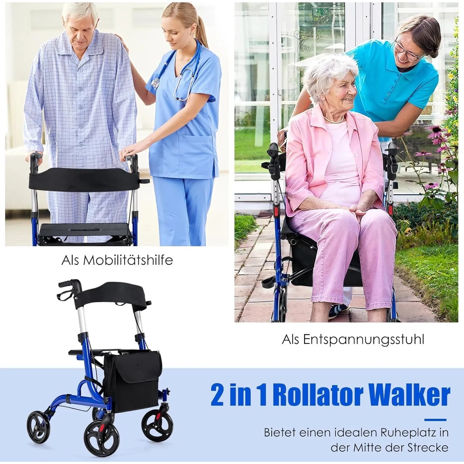 Costway Rollator, faltbar, blau, als Gehhilfe und Ruhestuhl für Senioren und Personen mit eingeschränkter Mobilität.