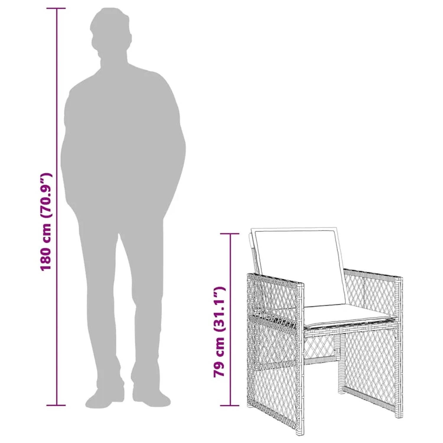 Skizze eines Gartenstuhls aus Rattan mit Maßen (79cm hoch) neben einer menschlichen Figur (180cm hoch).