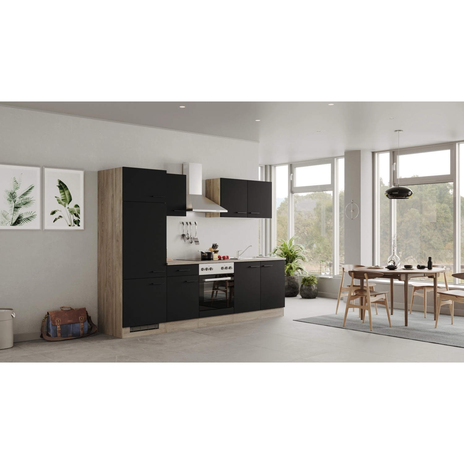 Flex-Well Exclusiv Küchenzeile Capri 270 cm Schwarz Matt-Endgrain Oak