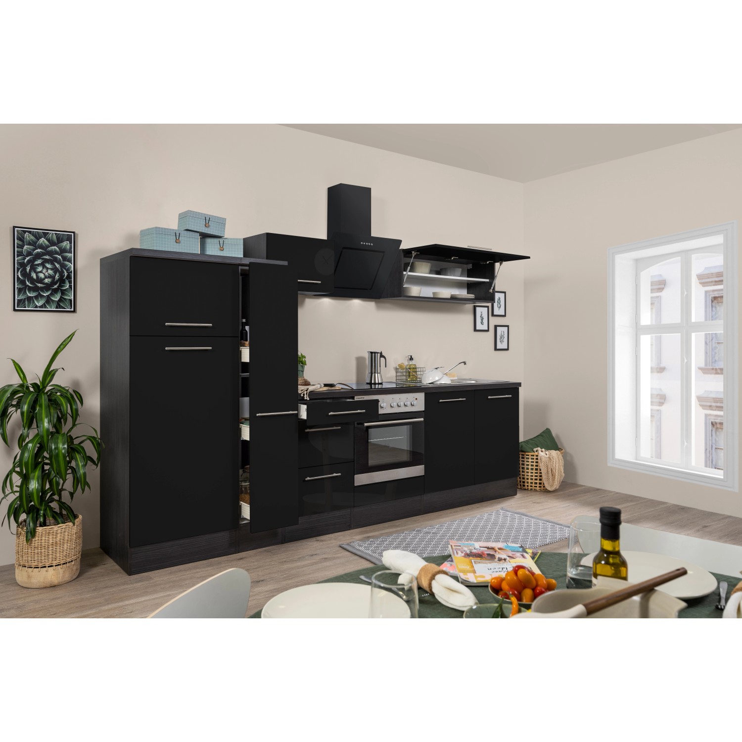 Respekta Premium Küchenzeile 300 cm Schwarz Hochglanz-Eiche Grau günstig online kaufen