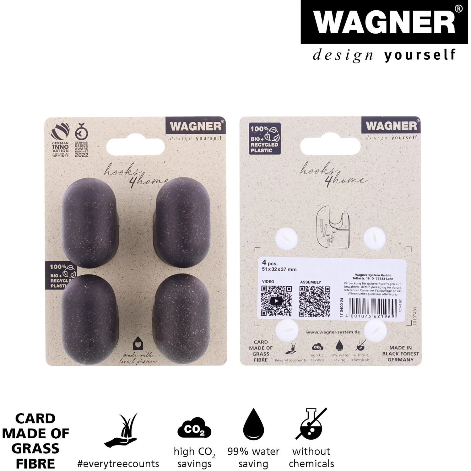 Wagner Wandhaken Set Pill WH 0400, schwarz, 4 Stück, aus Bio-Kunststoff.