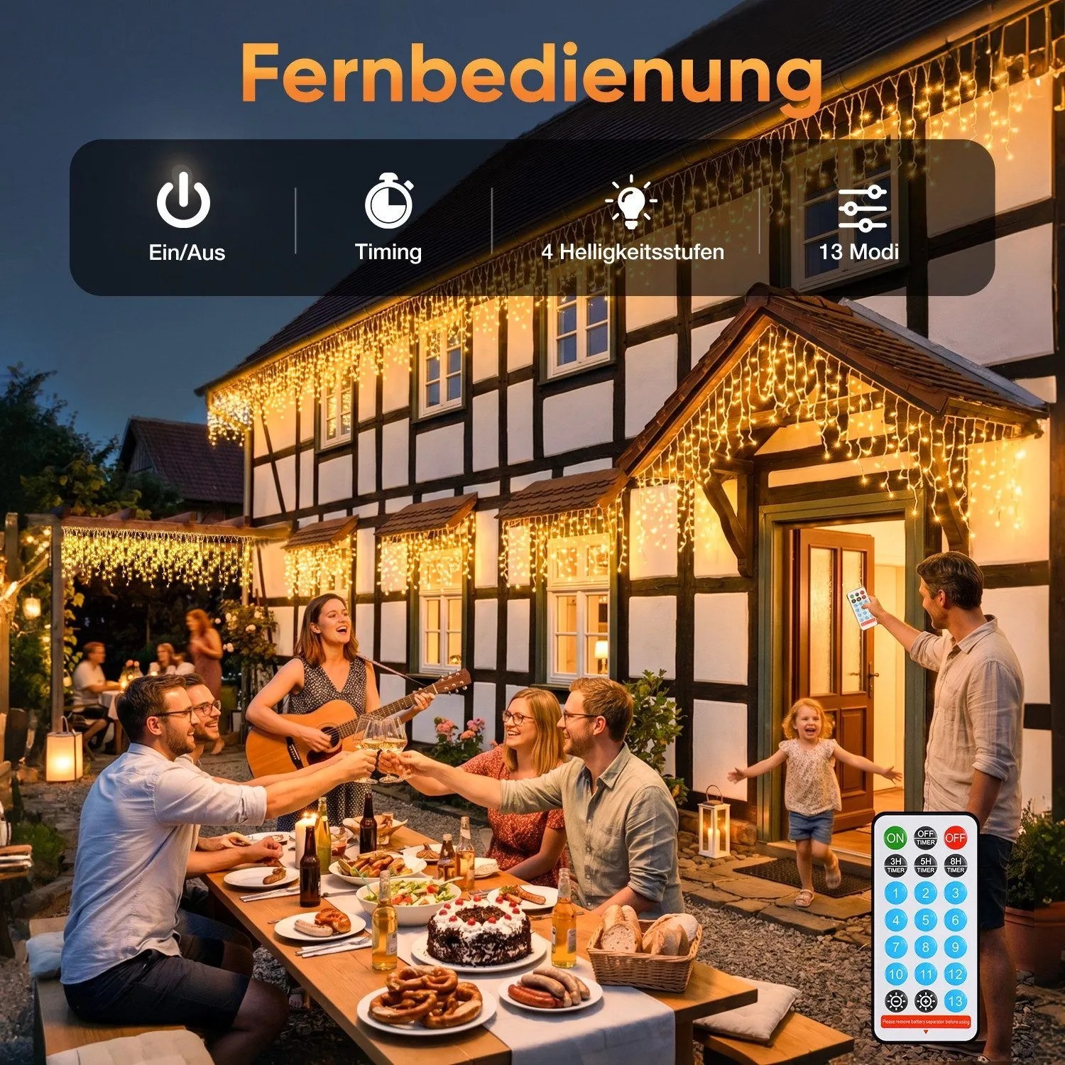 Salcar Solar Eiszapfen-Lichterkette warmweiß am Haus, Familie feiert im Garten. Fernbedienung mit 13 Modi.