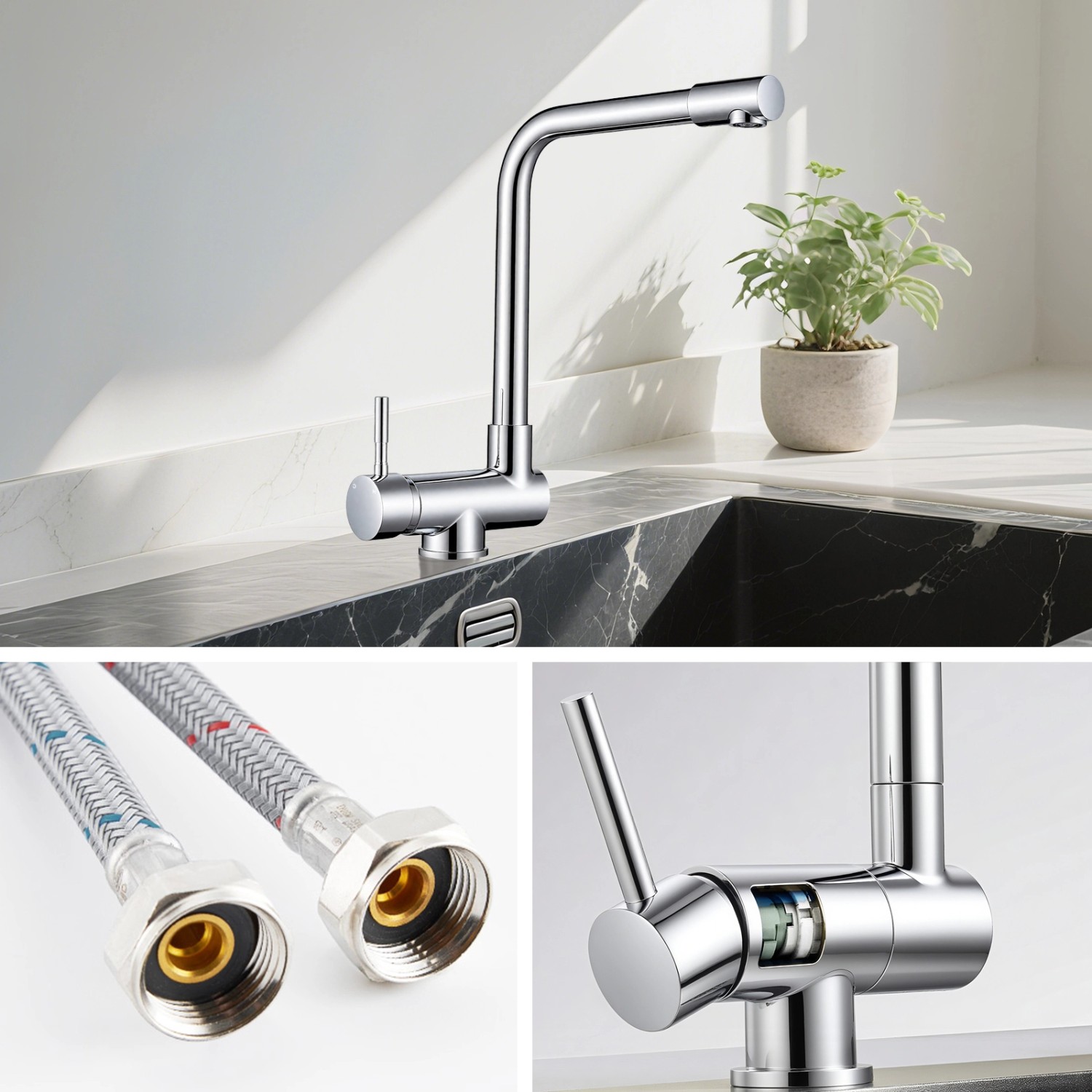 AICA Wasserhahn Faltbare 360° Drehbare Chrom Küchenarmatur 304 Edelstahl Hochdruckfest Mischbatterie Spültischarmatur_3