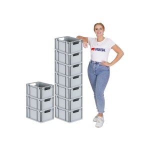 PROREGAL Spar Set: 10 graue Euroboxen mit Deckel, 20L, gestapelt mit Model.
