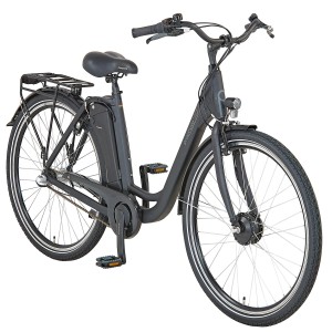 Schwarzes Prophete City E-Bike Geniesser 1.0 Damenrad mit Gepäckträger und tiefem Einstieg.