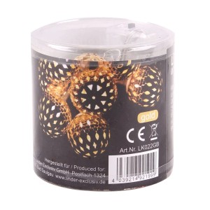 Goldene LEX LED Kugel Lichterkette mit 10 leuchtenden Kugeln, filigranem Muster, batteriebetrieben für Innen-Deko.