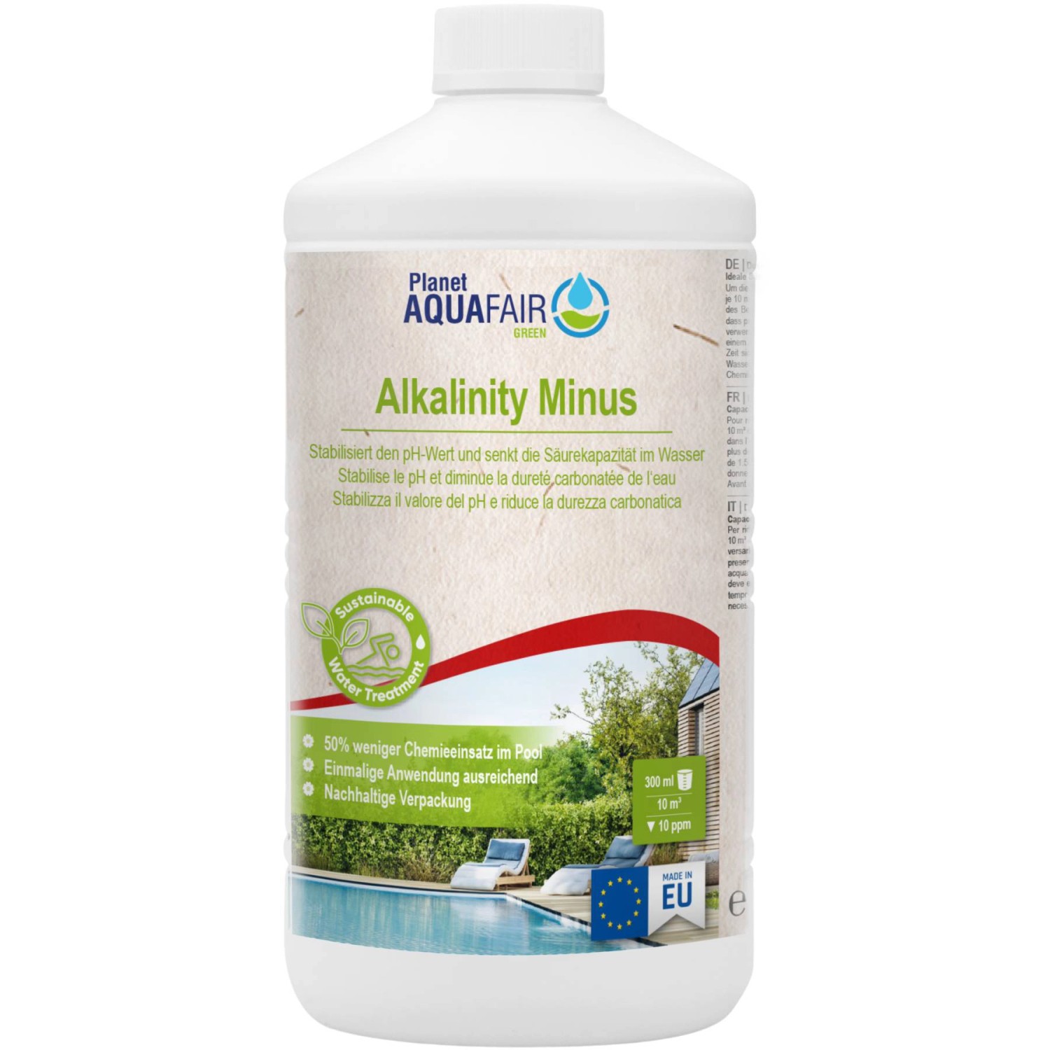 Planet Aquafair Soft & Balance Set: Alkalinity Minus Flasche zur pH-Regulierung im Pool.