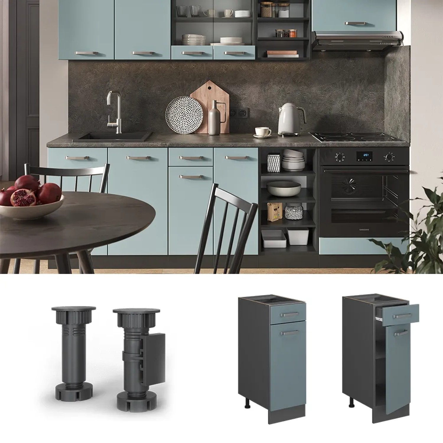 Vicco Küchenunterschrank R-Line, blau-grau/anthrazit, 30 cm breit, mit Arbeitsplatte.