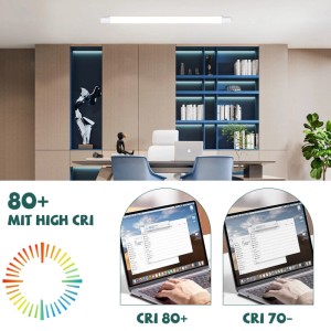 Weiße NETTLIFE LED Deckenleuchte 120cm in modernem Büro. Vergleich der Farbwiedergabe (CRI 80+ vs. 70-) auf Laptops.