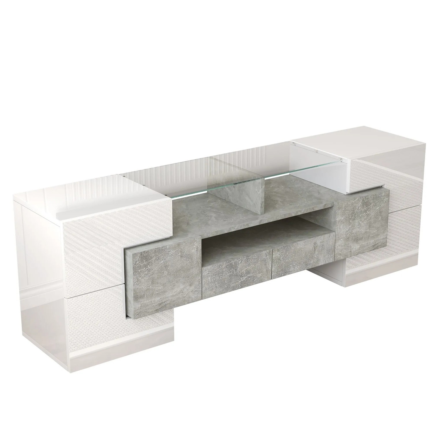 okwish TV Schrank mit LED Beleuchtung und Glas Oberfläche für Wohnzimmer 145x30x51cm Weiß
