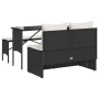 Schwarze 3-tlg. Garten-Essgruppe aus Polyrattan mit Tisch, Bank und Hocker inklusive cremefarbener Kissen.