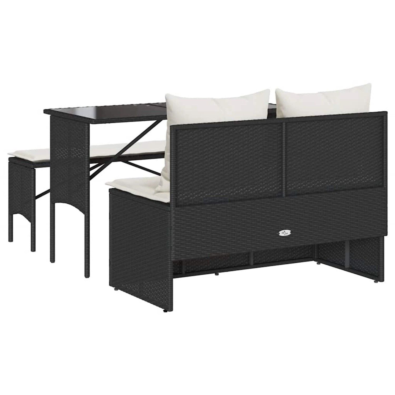 Schwarze 3-tlg. Garten-Essgruppe aus Polyrattan mit Tisch, Bank und Hocker inklusive cremefarbener Kissen.