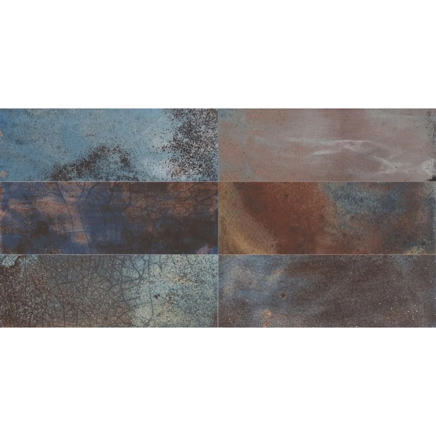 Matte Wandfliesen 20x40cm in Terracotta-Blau Farbmischung mit Raku-Optik und starker V4 Farbvariation.