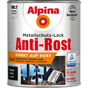 Dose Alpina Metallschutz-Lack Anti-Rost, Schwarz glänzend, 750ml. Rostschutzlack für Metall.