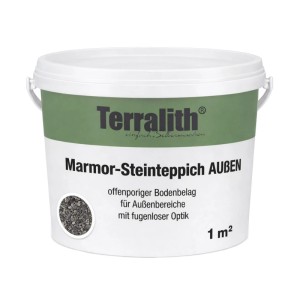 Weißer Terralith Eimer mit grünem Etikett für Marmor Steinteppich Grigio Due, dunkelgrauer Kies für 1 m² Außenbodenbelag.