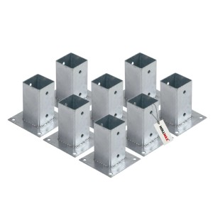 8 verzinkte HOLLMAX Aufschraubhülsen/Pfostenträger, silber, für 71mm Vierkantpfosten auf festem Untergrund.