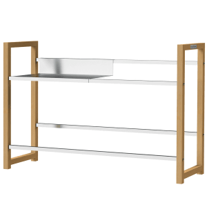 Holzfarbenes Getränkekistenregal mit Edelstahl-Ablage für 4 Kisten.