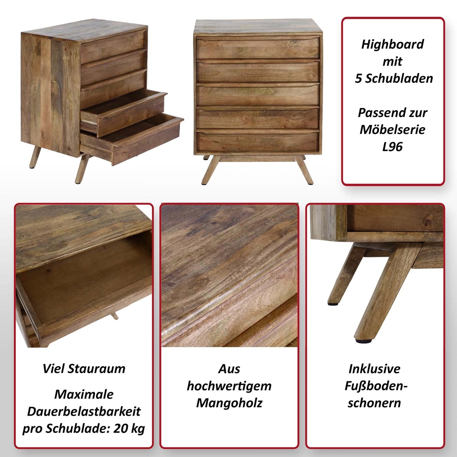 Highboard MCW L96 aus Mangoholz mit 5 Schubladen, 81x65x43cm.