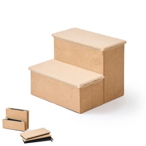 Beige Hundetreppe mit 2 Stufen aus MDF und Polyester, faltbar, mit Stauraum für Haustiere.