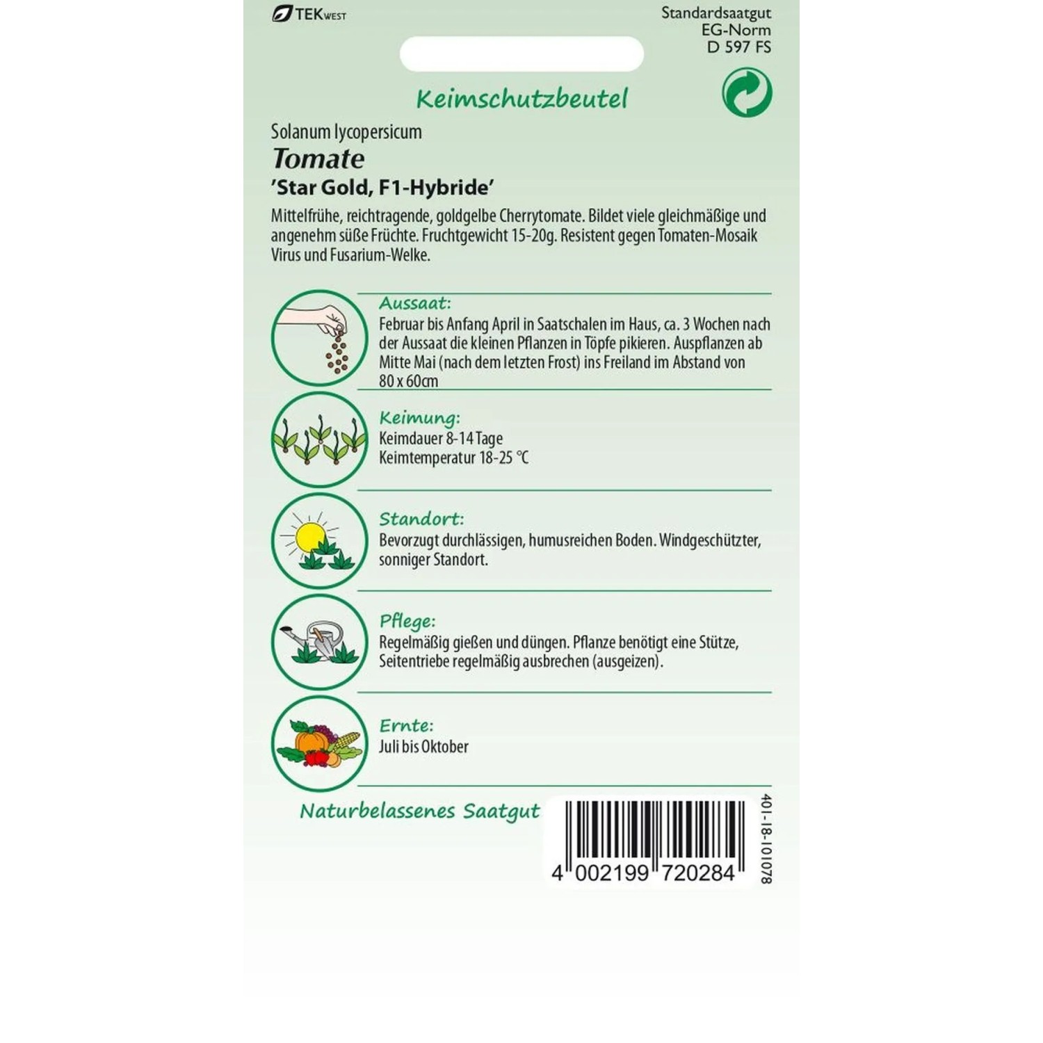 Samenpackung Tomate 'Star Gold' F1, goldgelbe Cherrytomate für Garten & Balkon.