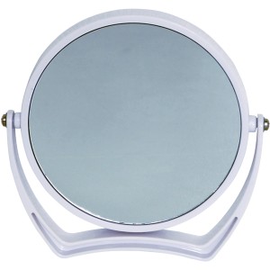 Weißer Vergrößerungs-Kosmetikspiegel mit Standfuß und 2-fach Vergrößerung.