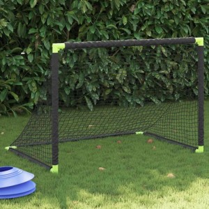 Schwarzes, klappbares Fußballtor für Kinder (90x64x64 cm) im Garten.