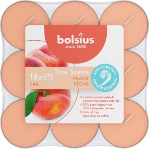 Bolsius Duftteelichter True Scents Pfirsich, 18er-Pack. Teelichter mit fruchtigem Pfirsichduft.