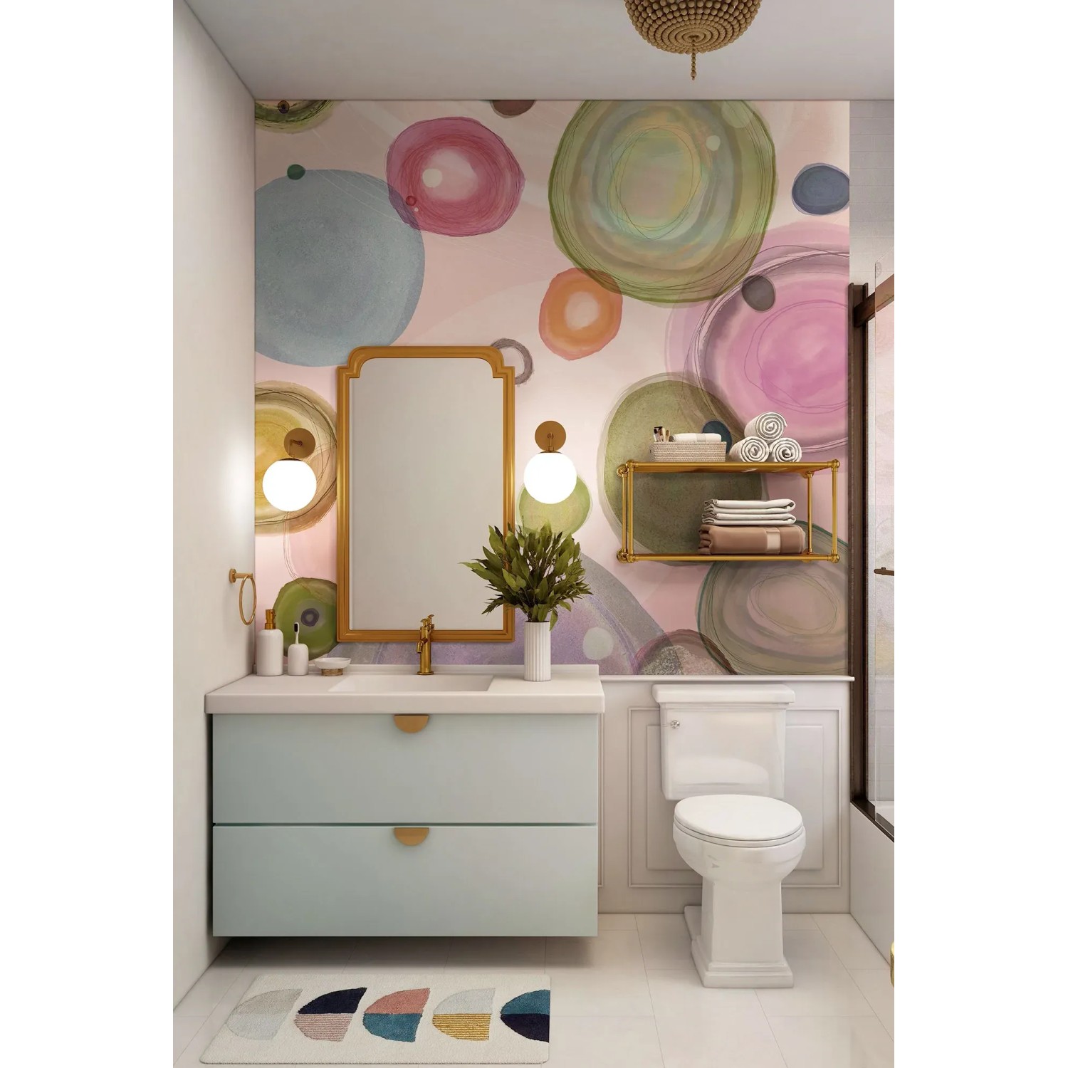 Badezimmer mit Komar Vliestapete Microcosmos, mehrfarbig mit Kreismuster.