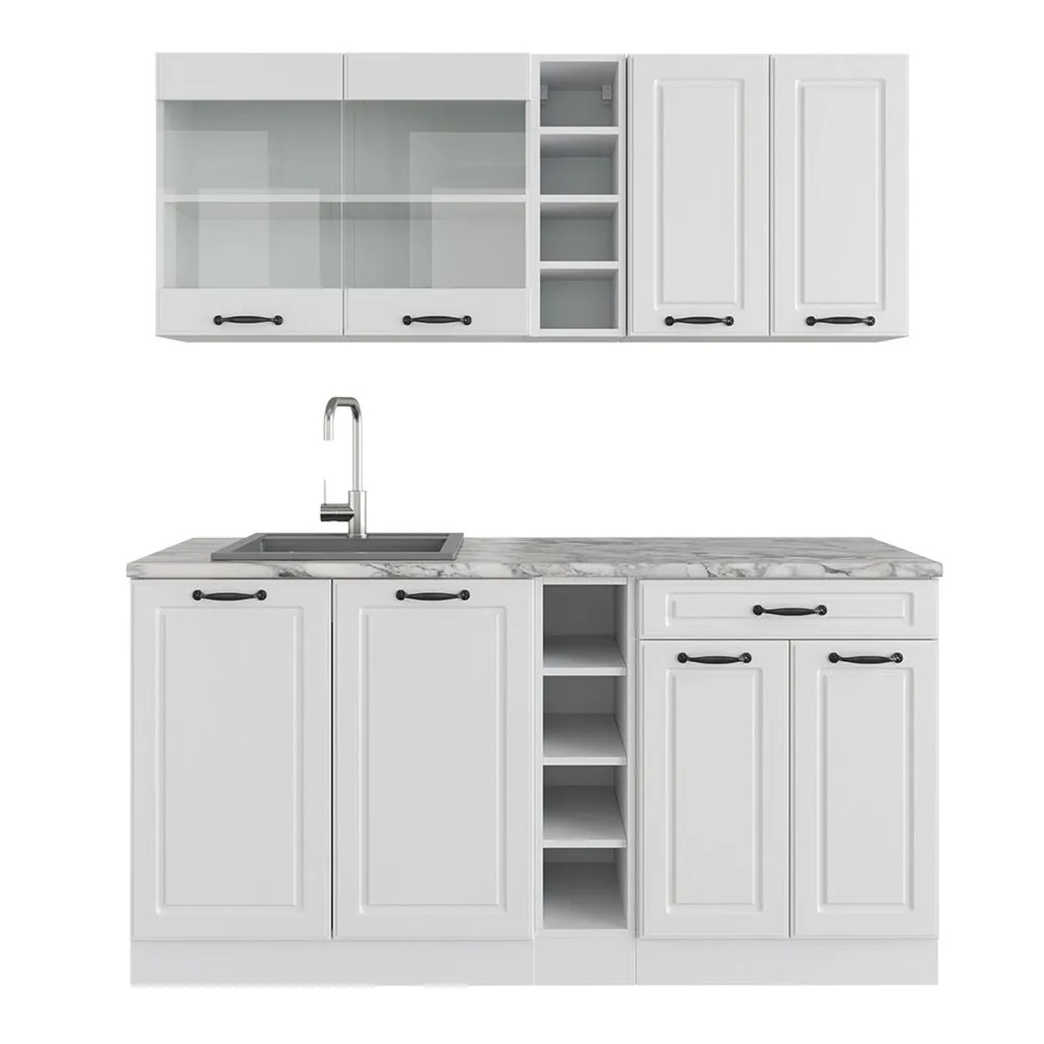 Vicco R-Line Singleküche Weiß Landhaus Weiß 160 cm AP Marmor ohne E-Geräte
