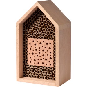 Bienenhaus aus Holz, 16x13x29 cm, mit Niströhren und gelochtem Holzblock für Wildbienen.