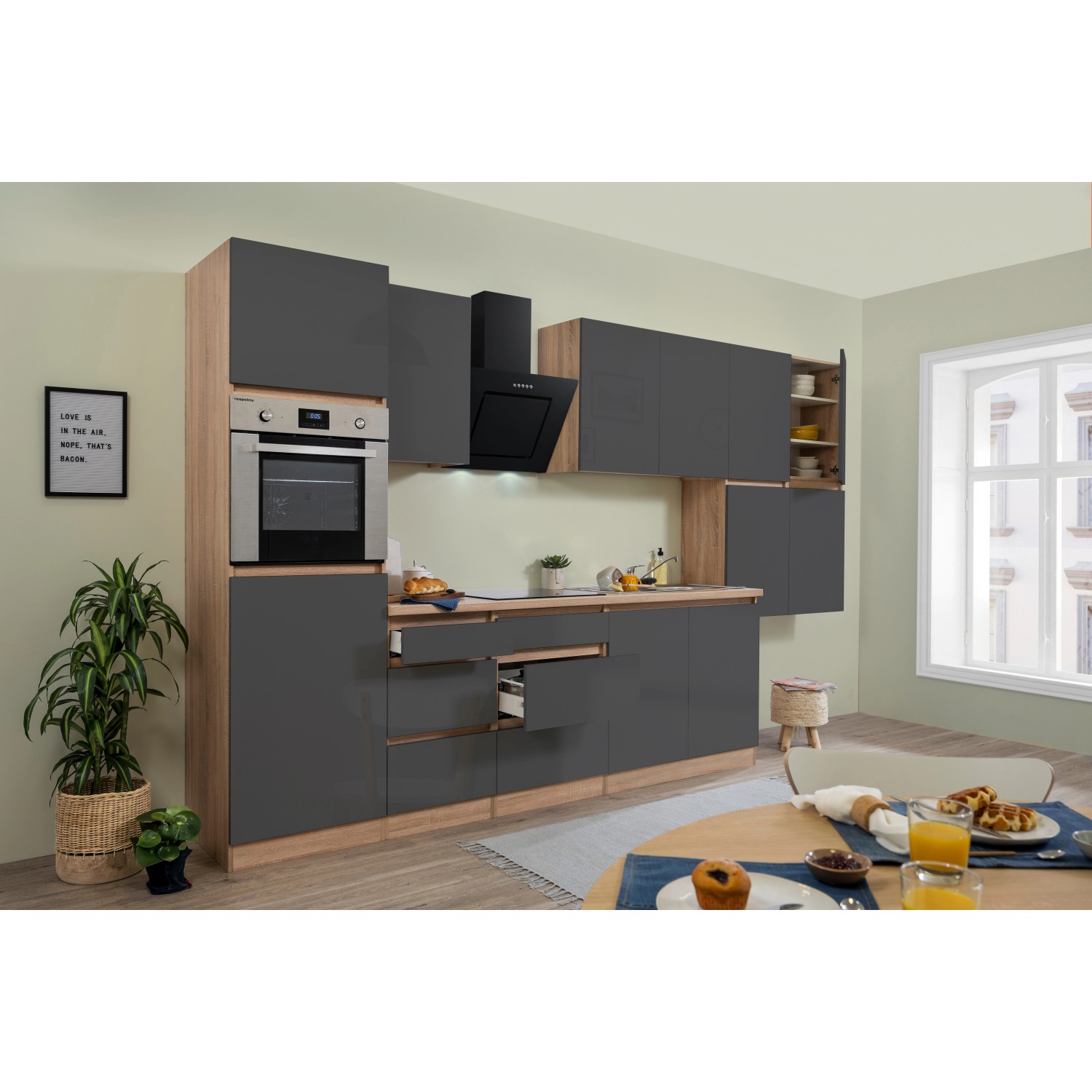 Respekta Küchenzeile/Küchenblock GLRP370HESG Grifflos 370 cm Grau Hochglanz-Sonoma Eiche