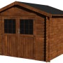 Braun lasiertes Gartenhaus Valodeal aus Holz mit Doppeltür und schwarzem Dach.