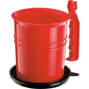 Roter Farbtopf mit Griff und 5 Pinseln, geeignet für Malerarbeiten.