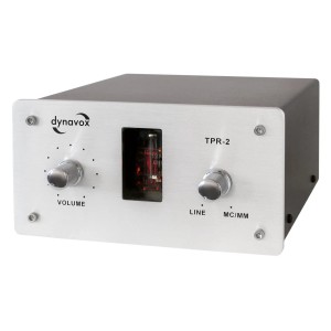 Dynavox TPR-2 Phono-Vorverstärker in Silber mit Röhre und Reglern für Lautstärke und Line/MC/MM.