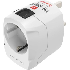 Weißer Hama Weltreiseadapter World Travel Pro 3-polig für Steckdosen Typ B, G, I, J, L und N.